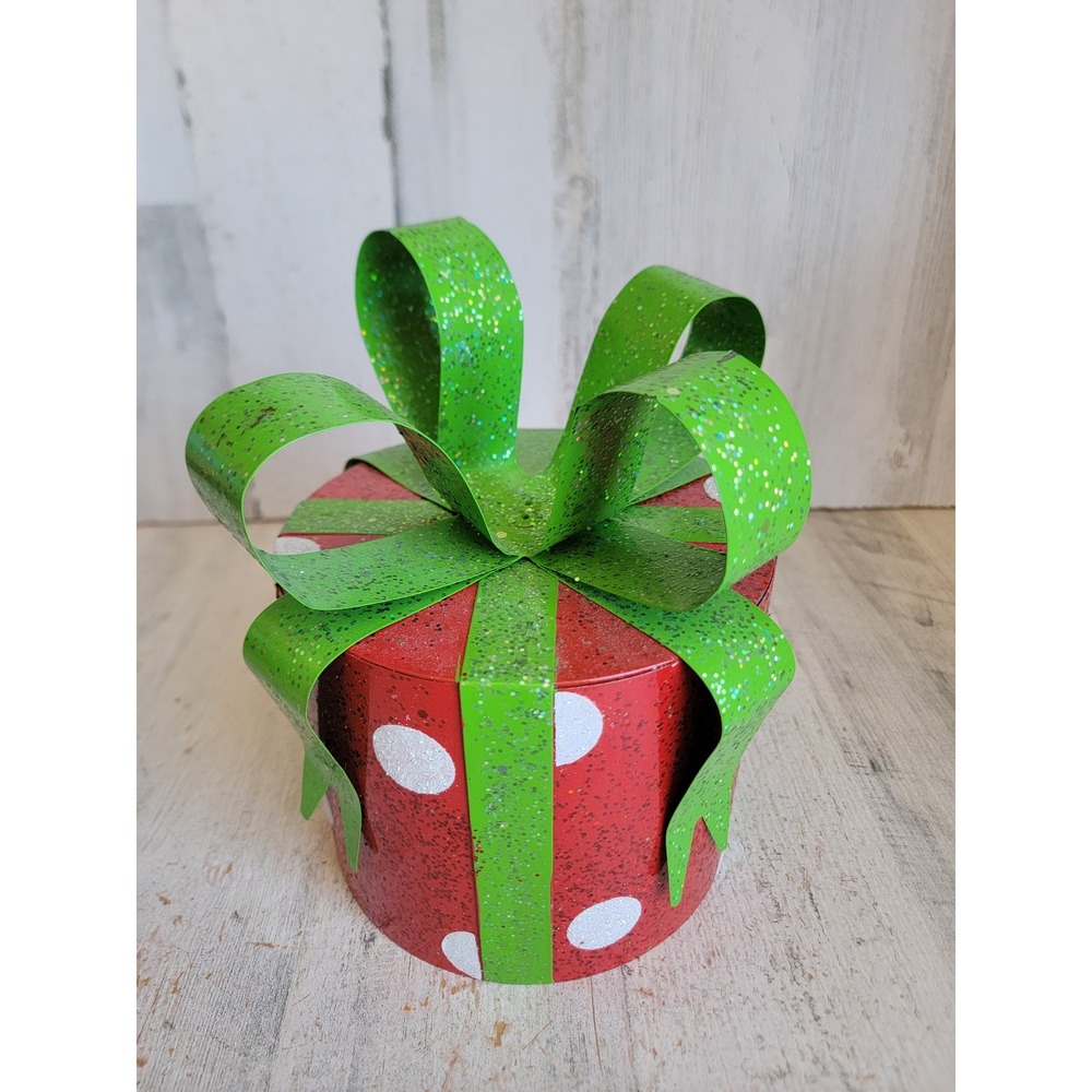 Pier one round metal gift box glitter bow polka dot unique prop home decor